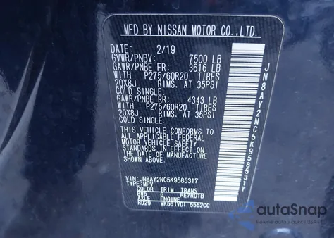 2019 Nissan Armada Sl from USA, damaged, VIN JN8AY2NC5K9585317